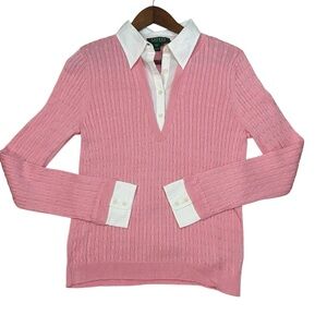 Lauren Ralph Lauren Silk Cable Knit Sweater Large Pink Soft Girl Tennis Preppy